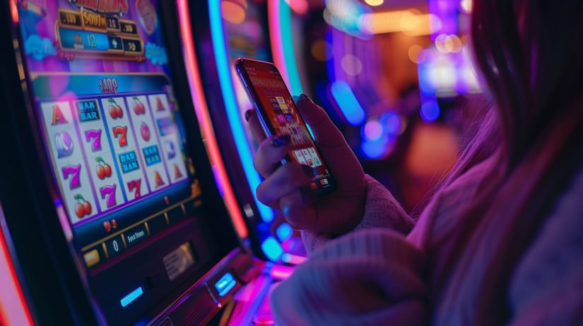 Filipino player using the lucky game app mobile app on a smartphone outdoors